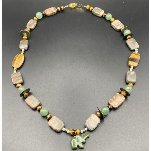Rainforest Jasper Aventurine Tiger Eye Bead Necklace 22" Elephant Coin 66g Boho - Picture 2 of 10